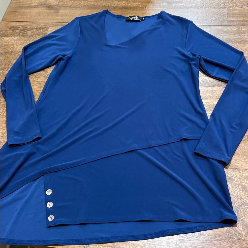 Sympli Tunic Top Women’s Blue Long Sleeve Slinky Stretch Asymmetric sz 10 classy